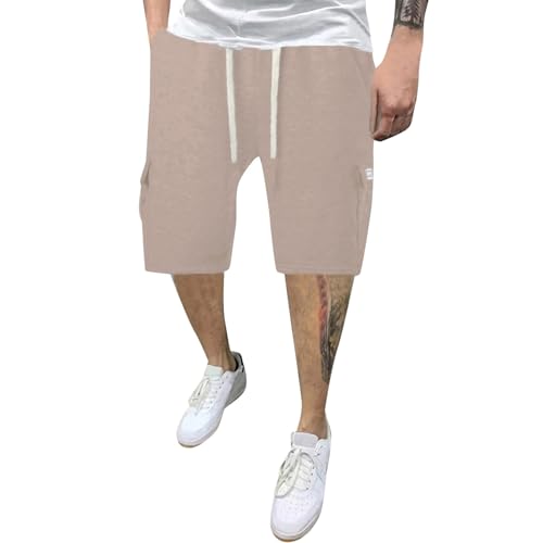 Herren Schwimm Shorts lässig, einfarbig, leicht, für den Sommer, Outdoor-Arbeit, Cargo-Shorts mit Taschen Männer Kurze Hose(Khaki,S)
