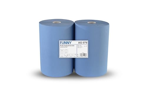 Funny 2x Putzpapierrolle, 3-lagig Recycling Blaupapier, Hochsaugstarke, geprägte Papierrolle für Werkstatt & Industrie, Papierhandtücher Blau, 36 cm, Reinigungstücher 2 Rollen à 500 Blätter