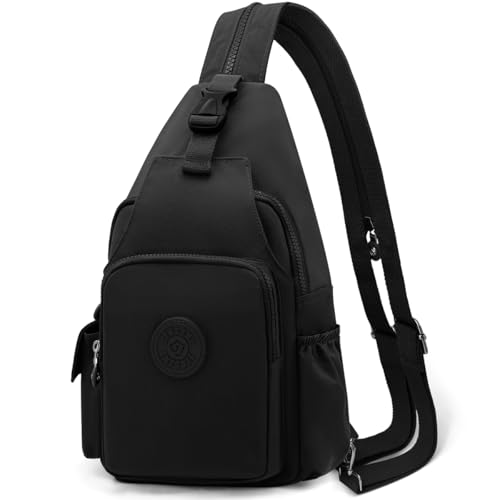 REETEE Leichter Brusttasche für Damen und Herren Klein Sling Bag Nylon Backpack Schulterrucksack, Crossbody Schultertasche für Outdoorsport, Wandern, Radfahren, Reisen (schwarz)