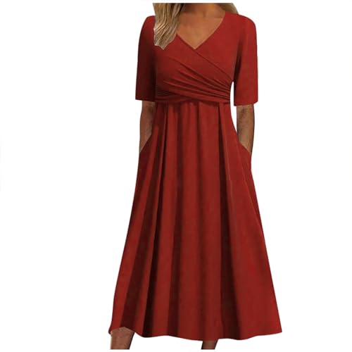 Damenkleid mitV-Ausschnitt Kurzen Ärmeln Lässiges Kurzärmliges Plissiertes Lockeres Vintage-Kleid Damen Casual V-Ausschnitt Kurze Ärmel Plissee Lose Vintage Kleid Strand Langes Kleider Kleid (Red, M)