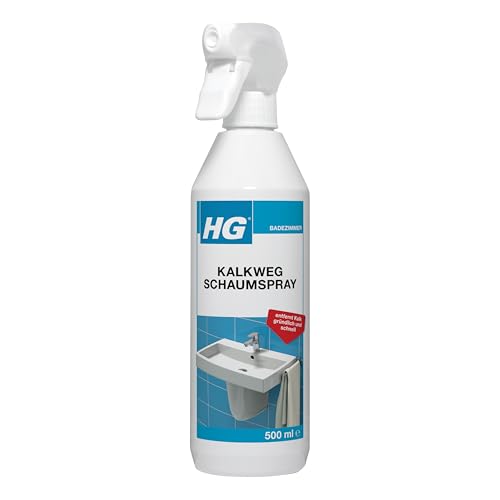 HG Kalkweg Schaumspray, professioneller Kalkentferner für das Badezimmer, entfernt Flecken und Ablagerungen von Duschköpfen, Armaturen, Badewannen und Ablagen (500 ml)