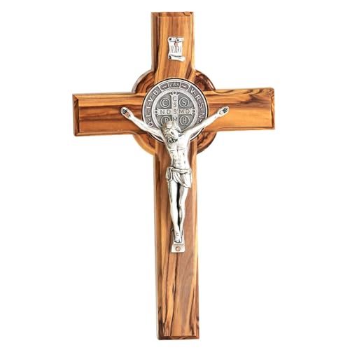 Kassis Geschenkartikel Olivenholz St. Benedikt Kreuz zum Aufhängen Benediktuskreuz Wandkreuz Kruzifix zur Firmung Geburt Kommunion Taufe 12 x 8,5 cm