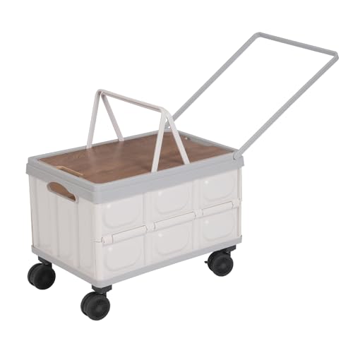 Faltbarer Wagen mit 360° Drehbare Rädern, Transporttrolley Einkaufstrolley Klappbar mit 55L Großer Kapazität, Einkaufskorb mit Deckel, für Camping, Picknick, Lebensmittelgeschäften (Grau)