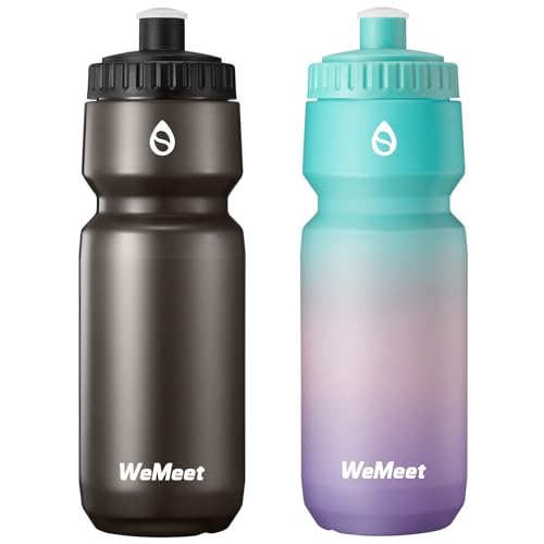 WEMEET Fahrradflasche 700ml, passt die Meisten Fahrradkäfige, BPA frei, Auslaufsichere Sport Radflasche mit Volumenskala, für Radfahren, Fitness, Outdoor(Schwarz & Grün Rosa Violett, 2er Pack)
