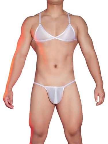 JEATHA Herren 2 Stück Crossdresser Nachtwäsche Sissy Dessous Bikini BH Bra mit Slip Briefs Unterhose Set Erotik Unterwäsche Männer Gay Lingerie Weiß Einheitsgröße