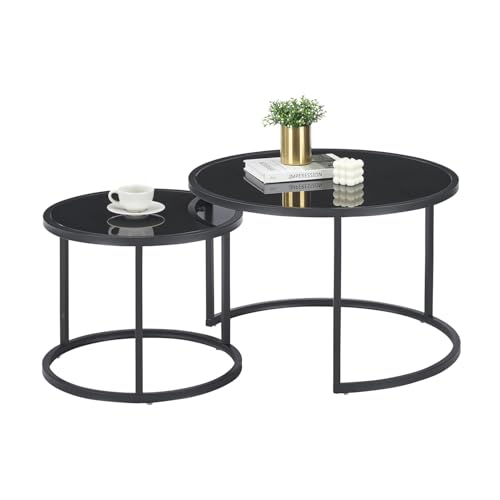 Soayone Couchtisch Glas Rund mit Schwarz Metallgestell, Coffee Table, Wohnzimmertisch 2er Set 70x70x45 & 50x50x40 cm