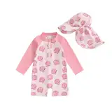 Baby Badeanzug mit Sonnenhut Langarm UV Schutz Badebekleidung Für Baby-Mädchen Reißverschluss Strand Schwimmanzug (Rosa, 3-6 Months)