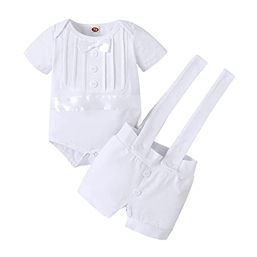 FYMNSI Baby Jungen Taufanzug Taufbekleidung Festanzug Festliche Hochzeit Gentleman Smoking Anzüge Baumwolle Jumpsuit Fliege Langarm Body Strampler Hosenträger Hose 2tlg Bekleidungset Weiß 12-18 Monate