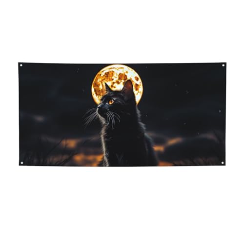 Große Banner, schwarze Katze, die vor Vollmond sitzt, leeres Banner, Heimdekoration, personalisierte Banner, 300D-Banner mit vier runden Metalllöchern, große Flaggenschilder für Geburtstag, Business,