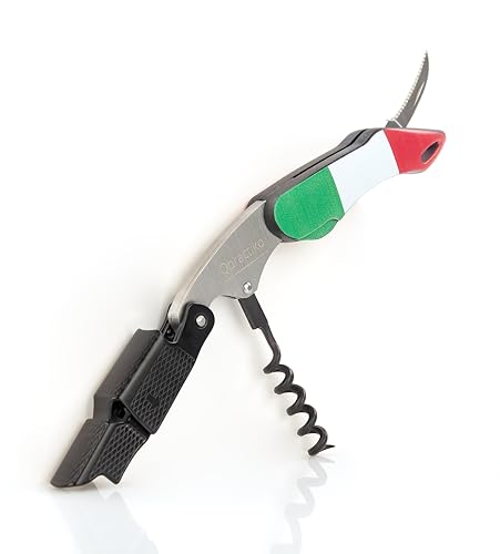 Qpractiko - Professioneller Zweitakt-Korkenzieher | Italienisches Flaggen-Design | Ergonomische Teflon-Spirale | Integriertes Sägeblatt | Mini Korkenzieher | Kellnermesser | Edelstahl, ABS-Kunststoff