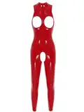 FEESHOW Frauen Lackleder Body Wetlook Catsuit Brust Und Schritt Offen Jumpsuit Latex Rubber Gummi Ganzanzug Party Clubwear A_Rot 4XL