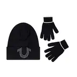True Religion Beanie Hat and Touchscreen Glove Set, Cuffed Winter Knit Cap with Rhinestone Logo and Touch Screen Mittens, Black, One Size