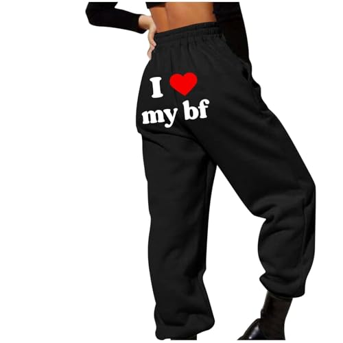 Hose mit weitem Bein für Damen, Taille, Freizeit, Stretch-Sweathose, Valentinstag, hohe Taille, Joggerhose, Buchstaben-Grafik, Jogginghose mit Taschen, Übergröße, Glockenhose, Schwarz , S