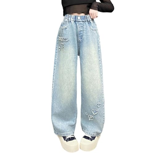 Generisch Jeans Mädchen Baggy Jeans Mädchen High Waist Vintage Freizeithose Y2k Stretch Denim Hosen Jeanshosen Weites Bein Wide Leg Jeanshose Elastischer Straight mit Taschen Cargohose
