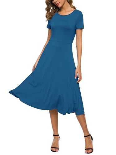 EXCHIC Damen Casual Rundhals A-Linie Kurzarm Midi Kleid Sommer Stretchy Knie Langes Freizeitkleider(L, Stahlblau)