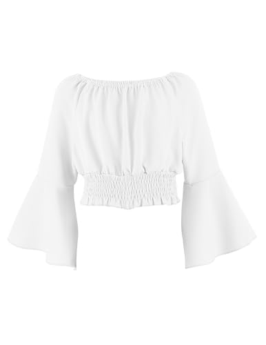 Arshiner Mädchen Langarmshirt mit Trompetenärmel Tunika Kinder Baumwolle Elegant Schulterfrei Oberteile Slim Trägerloses Bluse Mode Frühling Herbst Longsleeve für Mädchen 13-14 Jahre Weiß