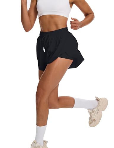 tanzdunsje Laufshorts Damen kurz Sportshorts 2 in 1,Tennis Gym Fitness RunningShorts mit 2 Taschen, Damen Schwarze Shorts Workout Sportrock Elastischer Bund, mit Innenfutter (M,Schwarz)