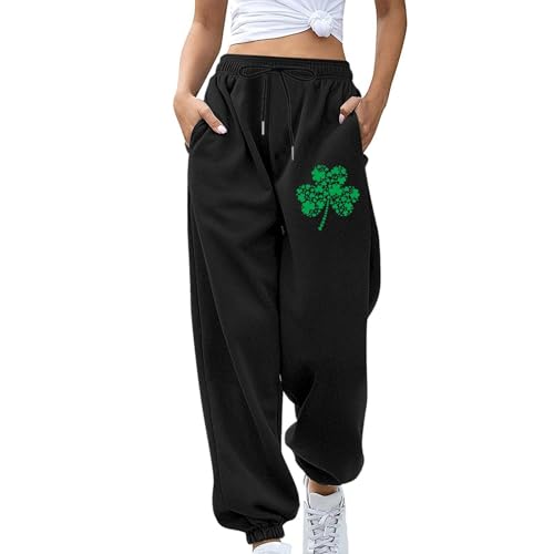 Jogginghose Damen GroßE GrößEn -Damen-Jogginghose Mit St. Patrick's Four Leaf-Kordelzug Lockerer Lockerer Taille Hose Damen Kurz Schwarz