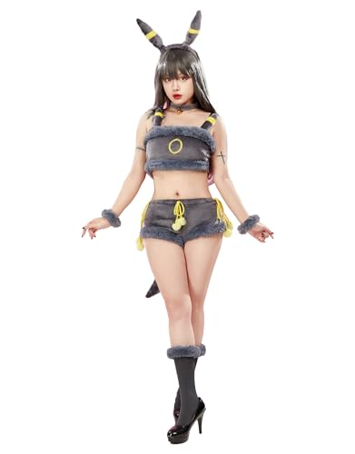 Mobbunny Anime-Cosplay-Pyjama-Set für Damen, flauschiges bauchfreies Top und Höschen, 2-teiliges Flanell-Lounge-Set, Cartoon-Nachtwäsche, Schwarz, L