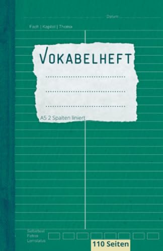 Vokabelheft A5 2 Spalten liniert: 110 Seiten Lineatur 53 mit Teilungslinie | Inhaltsverzeichnis, Erfolgs-Tracker| Schulbedarf für Schulanfang, ... Französisch, Latein, Spanisch, Italienisch