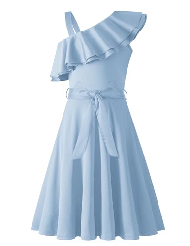 Arshiner Mädchen Kleider Eine-Schulter Kinderkleider Sommer Festliches Kleid Rüschenkragen Elegant Partykleider Swingkleid mit Gürtel ärmelloses Kleid für Mädchen 11-12 Jahre Hellblau