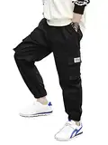 NATUST Jungen Cargohose Kinder Freizeithose Jogginghose Jungs Cargo Hose mit Elastischem Bund Schwarz 158-164