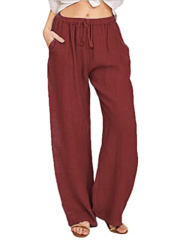 Leinenhose Damen Sommer Leinen Leicht Casual Locker Leinenhose Weites Bein Elegant Elastisch Hohe Taille Gerade Freizeithose Hohe Taille mit Tunnelzug und Taschen Boho Hose Strandhose
