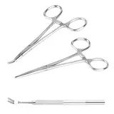 2 STK 12.5cm Piercingzange Set, Piercing Zange, Selbstverriegelnde Piercing Klemme, Edelstahl gerade und gebogene Hakenlöser Zange mit Sägezahndesign für DIY Handwerk Haustierpflege + Zeckengabel