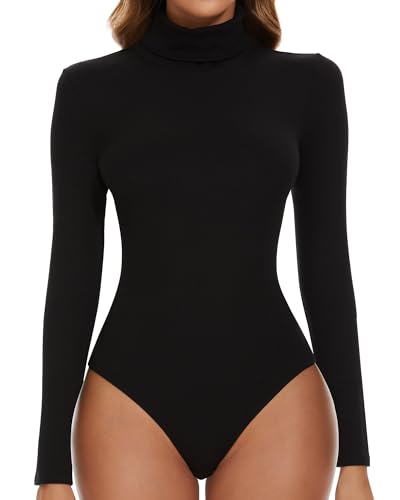 SHAPERIN Body Langarm Damen Rollkragen Bodysuits Oberteil Tanga Leotards Overall Elegant Langarmbody Schwarz M