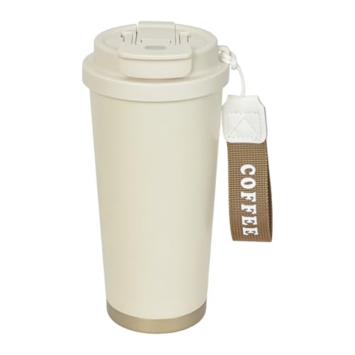 Longiang Thermobecher Edelstahl 530ml, Auslaufsicher Kaffeebecher to go mit Deckel und Strohhalm, Doppelwandige Kaffee to go Becher für Heiße und Kalte Getränke (Cremeweiß, 530 ml)