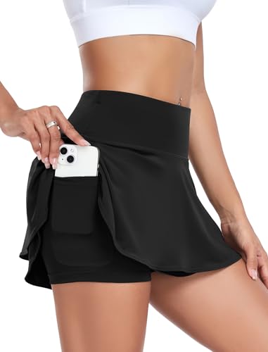 Tennisrock Damen Tennis Sport Rock Tenniskleid Sommer Rock Minirock Faltenrock Wanderrock Golfröcke Sommerrock Laufrock Laufen Skater 2 in 1 Skorts Schwarz S