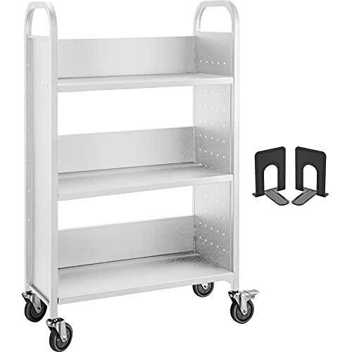 VEVOR Bücherwagen, 90 kg Bibliothekswagen, 1250 x 750 x 350 mm rollender Bücherwagen, einseitige L-förmige flache Regale mit feststellbaren ca. 10cm Rädern, für Heimregale, Büro, Schulbücherwagen Weiß