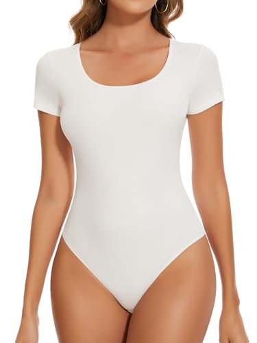 SHAPERIN Kurzarmbody Damen Rundhalsausschnitt Body Gerippte Tshirt Top Bodysuit Tanga Unterziehbody, Weiß, M
