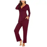 Damen Stillpyjama Lang Umstands Zweiteiliger Schlafanzug Stillschlafanzug Baumwolle Umstandspyjama Langarm Umstandsmode Winter Hausanzug für Schwangerschaft Pyjama Set Stillfunktion (Red, S)