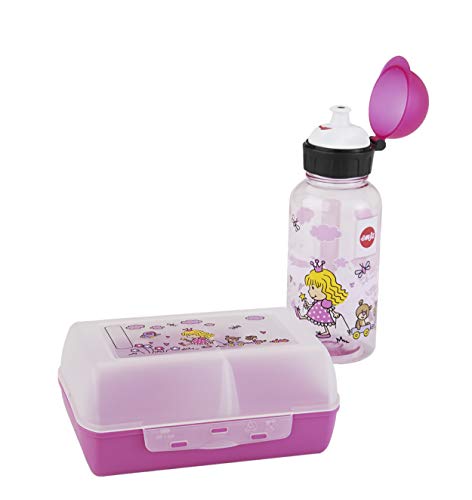 Emsa Kids Set mit Prinzessin-Motiv, Trinkflasche + Brotdose, 400 ml auslaufsichere Flasche, Dose mit verschiebbarer Trennwand, Pink, 518137