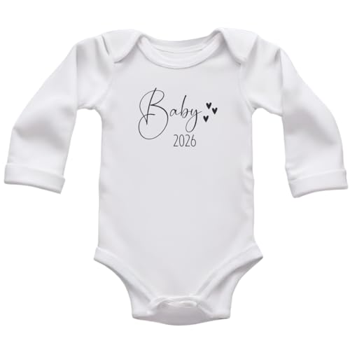 Generisch Baby Body zur Schwangerschaftsverkündung, Baby 2025 / Baby 2026 Strampler zur Verkündung der Schwangerschaft (Body langarm weiß, 0-3 M)