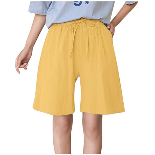 Generisch Loungewear Damen Hose Schwarz Damenmode, lässig, mit einfarbigen, lockeren, mittelgroßen Shorts aus Baumwollleinen Gummiband Hose Damen (Yellow, M)