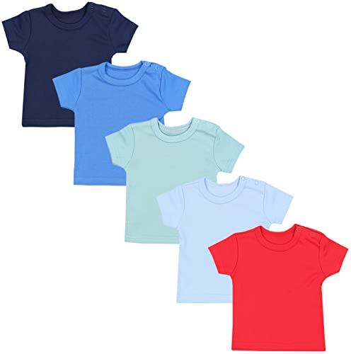 TupTam Baby Jungen Kurzarm T-Shirt mit Aufdruck Unifarben Sterne Streifen 5er Set, Farbe: Rot Dunkelblau Blau Grün Hellblau, Größe: 92