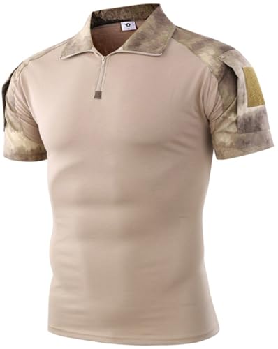 PADOLA Combat Shirt Militär 1/4 Zip T-Shirts für Herren Taktisches T Shirt Baumwolle Tshirt mit Taschen Camouflage Sommer Arbeitsshirt Outdoor Survival T-Shirt Funktionsshirt (L, 2 Khaki)