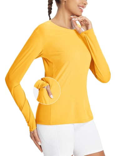 BALEAF Damen Sportshirt Langarm UPF 50+ Sonnenschutz Langarm T Shirt Wandershirt Leicht Schnelltrockend Gelb L