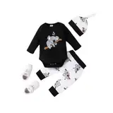 Saeevima Baby Jungen 3tlg Kleidungs Set Langarm Runden Hals Pullover Buchstaben Druck Body Strampler Elastiziert Taillieren Hosen Mit Hut 0-18 Monate Kinder Weiche Warme Babyset (Schwarz, 0-3 Months)