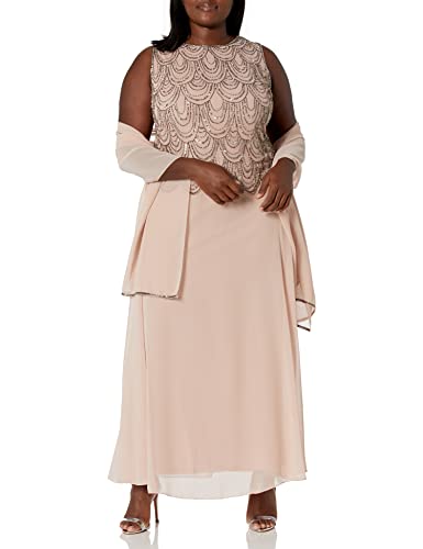 J Kara Damen Plus Size Sleeveless Beaded Pop Over Dress with Scarf Kleid fr besondere Anlsse, Rouge/Quecksilber, 52 Mehr