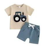Baby Jungen Sommer Outfit Kurzarm Rundhalsausschnitt Auto/Brief/Fahrzeug Stickerei T-Shirt+Elastische Taille Kurze Hose Baby Jungen Sommer Bekleidungsset Weiche Babyset (Blau, 6-12 Monate)