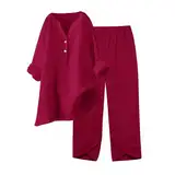 QWUVEDS Sommerlicher Damen-Freizeitanzug Leinen 2-teiliges Damen-Outfit, weites Bein, Bluse, Taschen, elastische Hose, lässiges V-Ausschnitt-Hemd, Hose, modische Streetwear Kurz Damen (1-Wine, S)