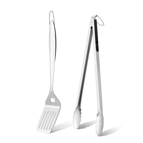 Grill Zubehör, Onader 2 Stück Edelstahl Grillbesteck Grillzubehör Set, Grillzange und Pfannenwender mit Extra-Langen Griff, Ideal für Gasgrill BBQ Camping, Hitzebeständig, Spülmaschinenfest