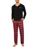 Demegimi Herren Schlafanzug Lang Pyjama Kariert Baumwolle V-Auschnitt Zweiteilige Pyjamas mit Langarm Shirt und Karierter Schlafanzughose,Schwarz,XXL