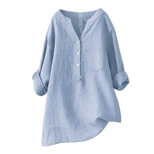Sale Angebote,Damen Leinen Langarmshirt Casual Knopf V-Ausschnitt Oberteile Locker Elegante Einfarbiges Basic Tuniken Top,Blau,5XL