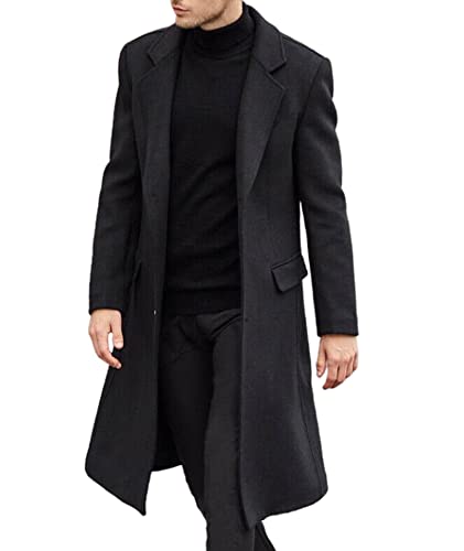 ECDAHICC Herren Casual Slim Fit Wollmantel Lange Jacke Kerbkragen Trenchcoat Einreihiger Mantel Winter Warm Outwear(BL,L)