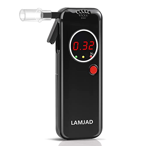 LAMJAD Alkoholtester,Alkoholtester Polizeigenau mit 12 Mundstücke,Professioneller Tragbarer Alkoholtester mit LED-Anzeige