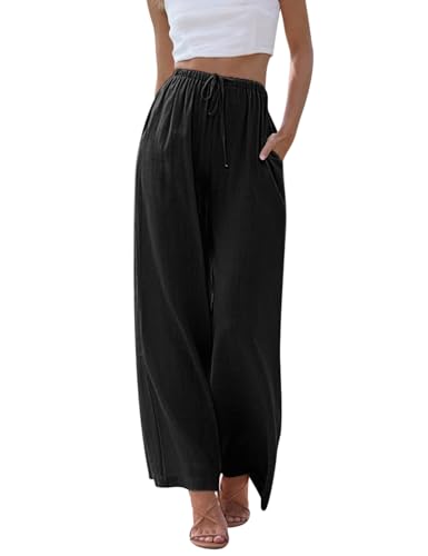 Voqeen Damen Sommer Leinenhose Casual Baumwolle Leinen Stoffhose Einfarbig Freizeithose High Waist Flowy weites Bein Strand Hose mit Taschen